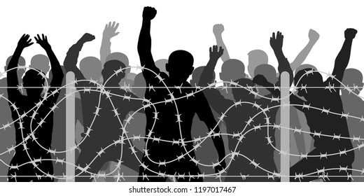 Crowd people behind barbed wire, vector silhouette. Migrants and refugee stand behind the barrier fence, protest demonstration. No passage