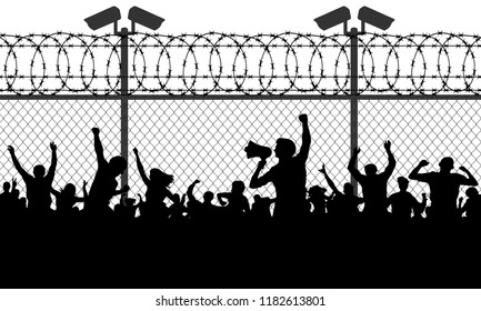 Crowd of people behind bars demanding to open the border. Migrants and refugees are standing behind closed and shut barrier, fence made of barbed wire. Vector illustration silhouette