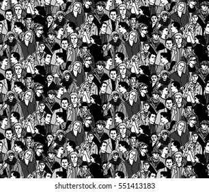 Crowd people black and white seamless pattern. Monochrome vector illustration. EPS8