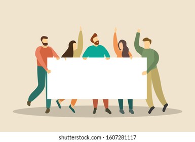 Crowd people with blank poster. Protest. Flat style. Vector