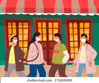 Crowd of people break rules of quarantine and self-isolation. Men and women wearing medical mask don't keep a safe distance in public place. Vector illustration of young people outdoor during pandemia
