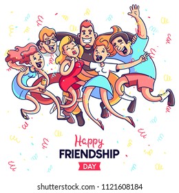 A crowd of people celebrates, has fun, dances. Youth way of life. Happy young boys and girls at a party. They celebrate the day of friendship. Colorful cartoon style vector.