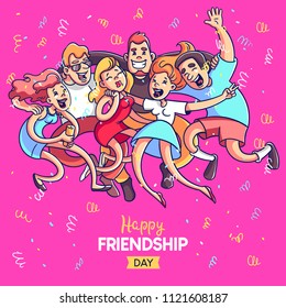 A crowd of people celebrates, has fun, dances. Youth way of life. Happy young boys and girls at a party. They celebrate the day of friendship. Colorful cartoon style vector.