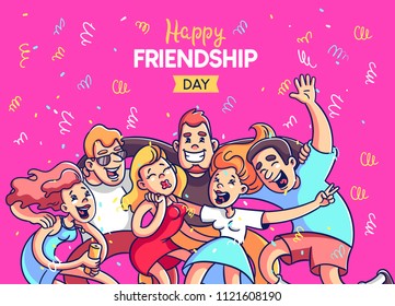 A crowd of people celebrates, has fun, dances. Youth way of life. Happy young boys and girls at a party. They celebrate the day of friendship. Colorful cartoon style vector.