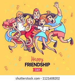 A crowd of people celebrates, has fun, dances. Youth way of life. Happy young boys and girls at a party. They celebrate the day of friendship. Colorful cartoon style vector.