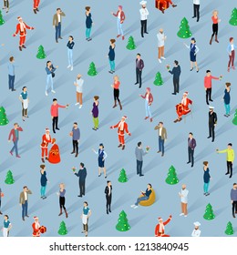 Crowd of people celebrating Christmas and New Year party. Isometric men and women diverse styles, characters, professions and poses.  Vector seamless texture wallpaper background template.