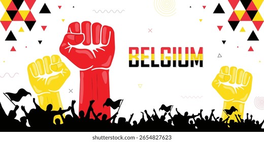Crowd of people cheer for Belgium, raised fist, human hands, strike, parade, riot, protest or rally, national flag color, patriot banner, background for national independence celebration