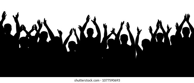 Crowd People Cheering, Cheer Hands Up. Applause Audience. Cheerful Mob Fans Applauding, Clapping. Vector Silhouette Concert