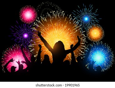 A crowd of people cheering at a fireworks display.