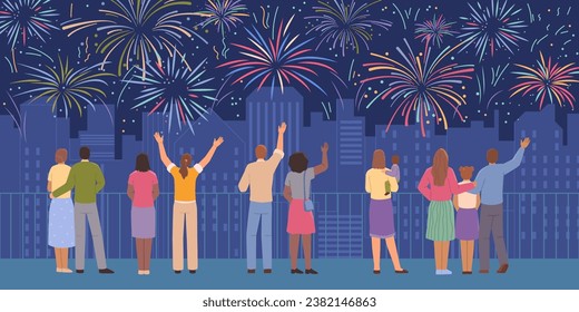 Crowd of people with children watching celebratory firework in town. Cityscape with holiday salute. Panorama of night festive sky show in the city. Flat vector cartoon colorful illustration