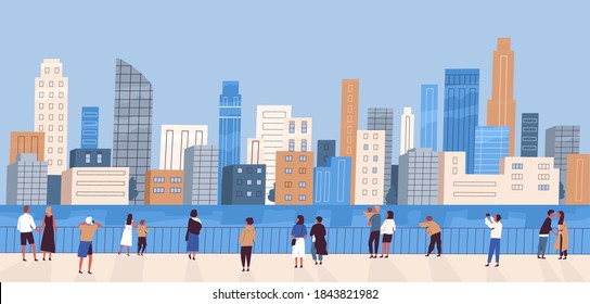 Multitud de gente con niños frente al mar mirando el panorama moderno de la ciudad. Mujeres y hombres admirando el paisaje urbano. Vista panorámica de Megapolis. Ilustración colorida de dibujos animados de vector plano