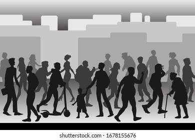 A crowd of people  in the city street. Black and white vector illustration