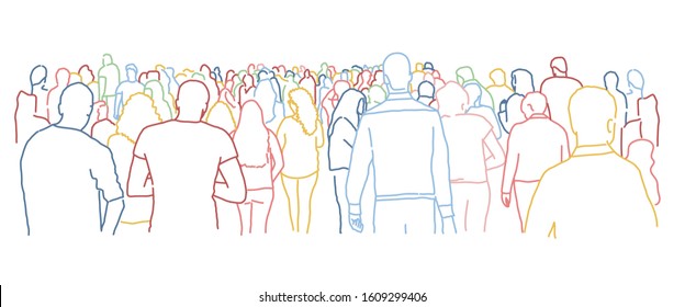 Crowd of people. Colour line drawing vector illustration.