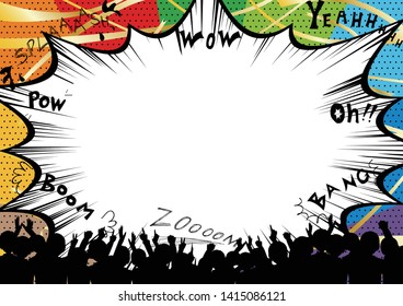 Crowd Of People And  Comic Speech Bubble With Sound Effect Character