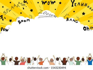 Crowd Of People And Comic Speech Bubble With Sound Effect Character