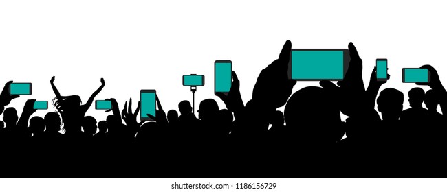 Crowd of people at a concert, keep smartphone, event. Cheerful audience. Hands holding a mobile phone. Silhouette vector on white background