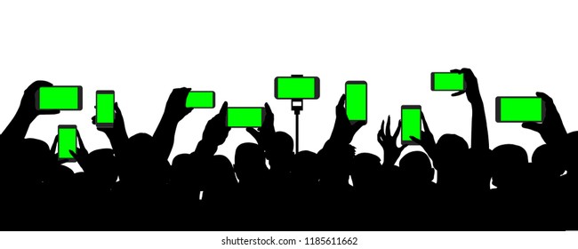 Crowd of people at a concert, records video on a smartphone, event. Cheerful audience. Hands holding a mobile phone. Silhouette vector on white background