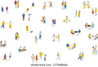 Crowd of people, couple in love flat vector set. 