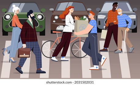 Crowd of people is crossing road at busy crosswalk in a big city. Diverse pedestrians and cyclists walking the street on zebra at green traffic light signal. Flat cartoon vecor illustration