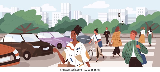 Crowd of people crossing road at crosswalk. Pedestrians and cyclists walking the street on zebra at green traffic light signal. Flat cartoon vector illustration of panoramic city view with citizens