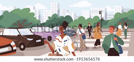 Crowd of people crossing road at crosswalk. Pedestrians and cyclists walking the street on zebra at green traffic light signal. Flat cartoon vector illustration of panoramic city view with citizens