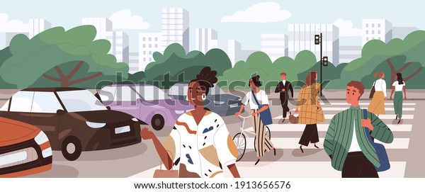 Crowd of people crossing road at crosswalk.\
Pedestrians and cyclists walking the street on zebra at green\
traffic light signal. Flat cartoon vector illustration of panoramic\
city view with citizens