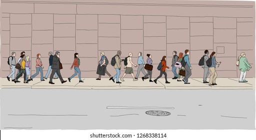 A crowd of people crossing the street at rush hour in a big city. Hand drawn vector illustration.