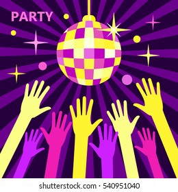 A crowd of people dancing in a nightclub or disco, arms raised up to the sparkling disco ball. Concept for parties and music festivals. Shining disco ball, flat vector illustration Bright party.