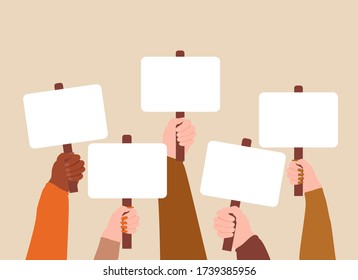 crowd of people demonstrating with blank signs or placards. illustration of hands raised up. protesters hands holding peace protest posters blank vote placard out from crowd demonstration activist