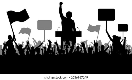 Crowd of people demonstrating silhouette. Oratory art, manifestation, politics, revolution,strike, takeover. Demonstration isolated on white background, vector. People with banner, transparency, and f