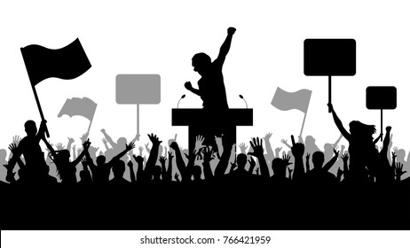 Crowd of people demonstrating silhouette. Oratory art, politics.