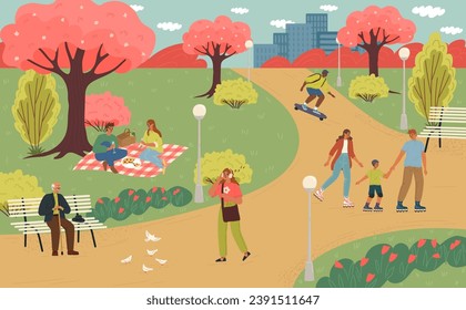 Crowd of people different age walking in spring park vector illustration