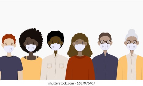 Crowd of people of different ages and nationalities in masks (medical masks) to protect against viruses and pollution.