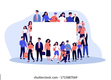 Crowd of people of different ages standing together. Happy young men and women with children at blank billboard. Vector illustration for population, society, community concept