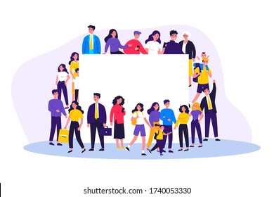 Crowd of people of different ages standing together. Happy young men and women with children at blank billboard. Vector illustration for population, society, community concept