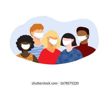Crowd of people of different nationalities in face masks. Concept of a pandemic, a worldwide health problems. Banner of protection during a global attack of viruses, bacteria. Flat vector illustration
