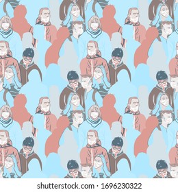crowd of people of different nationalities in infectious masks and respirators. Chinese man in a medical mask. quarantine and coronavirus seamless pattern on blue and pink background