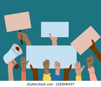 A crowd of people of different nationalities and at a protest. Hands holding empty templates of banners and a mouthpiece. Street demonstration and standing up for their rights. flat vector