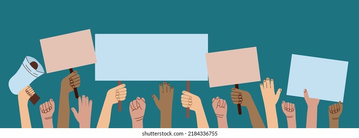 A crowd of people of different nationalities and at a protest. Hands holding empty templates of banners and a mouthpiece. Street demonstration and standing up for their rights. flat vector