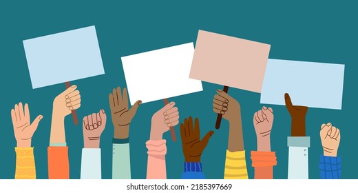 A crowd of people of different nationalities and at a protest. Hands holding empty template of placards and banners. Street demonstration and standing up for their rights. flat vector