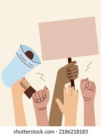 A crowd of people of different nationalities and at a protest. Hands holding empty templates of banners and a mouthpiece. Street demonstration and standing up for their rights. flat vector