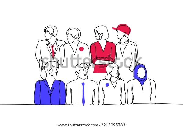 crowd of people from different propaganda\
camps - one line drawing vector. concept the electorate of\
opposition parties, people standing nearby look in different\
opposite directions