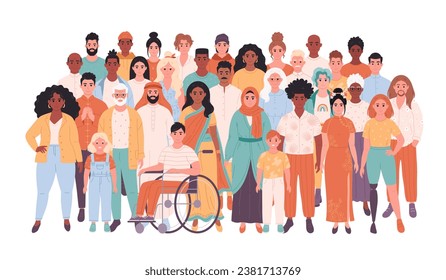 Crowd of people of different races, nationalities, age, people with disability. Multicultural society. Social diversity of people in modern society. Hand drawn vector illustration