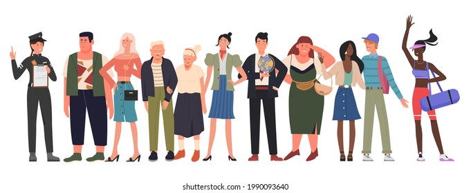 Crowd of people, diverse citizen group vector illustration. Cartoon man woman characters of different race, profession and body type, age and clothing standing in row together isolated on white