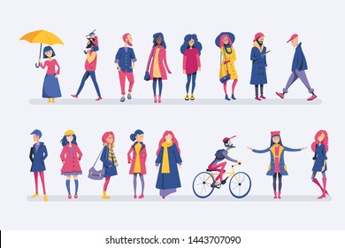 A crowd of people dressed in autumn clothes or outerwear, standing, walking, walking with a child and riding a bicycle. A group of men and women of different gender and different races, isolated