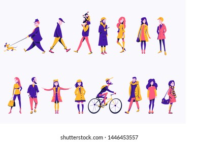 A crowd of people dressed in autumn clothes or outerwear are standing, walking, walking with a child and riding a bicycle, walking with animals. A group of men and women of different races. Flat 