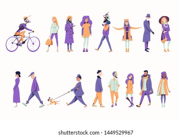 A crowd of people dressed in autumn clothes or outerwear are standing, walking, walking with a child and riding a bicycle, walking with animals. Flat character