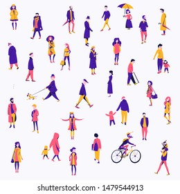 A crowd of people dressed in autumn clothes or outerwear are standing, walking, walking with a child and riding a bicycle, walking with animals. Flat character