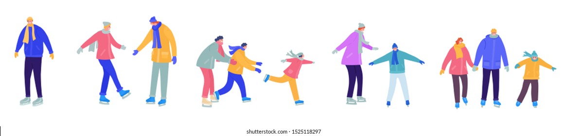 Crowd of people dressed in outerwear isolated on white background. Winter sport scene. Flat cartoon characters wearing winter clothing. Vector illustration. People ice skating