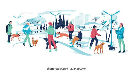 Crowd people dressed in outerwear walkin g with their dogs and communication in winter park Colorful vector illustration in flat cartoon style.